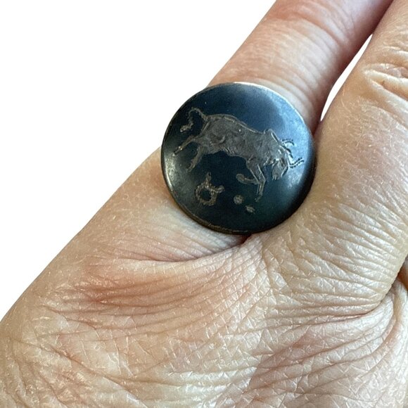 Vintage Taurus Sterling Zodiac Sign Ring Black Brass Engraved Bull Astrology Jew - Picture 7 of 13